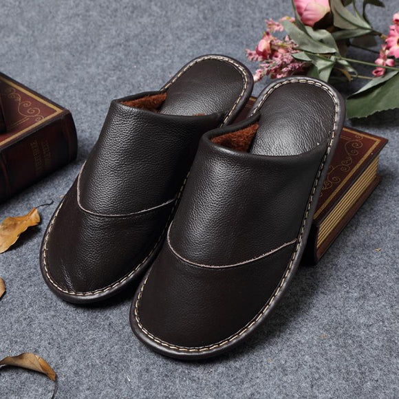 Men Leather Comfortable Slippers With Fur