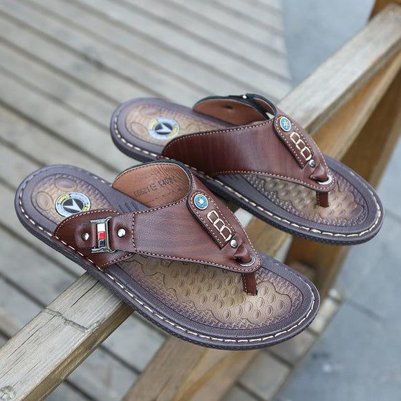 Men's Shoes - Brand Summer Genuine Split Leather Beach Flip Flops