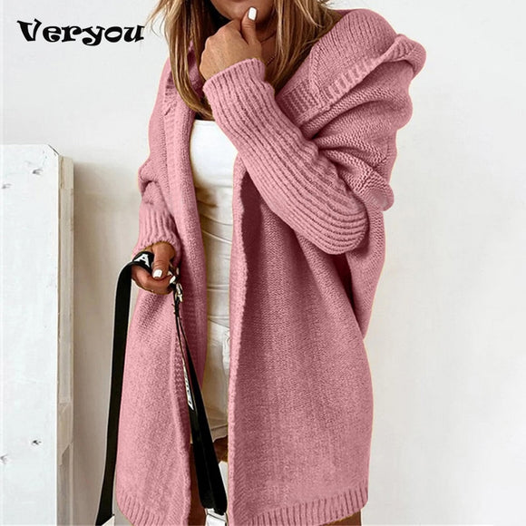 Women's Knitted Cardigan Sweater With Cap