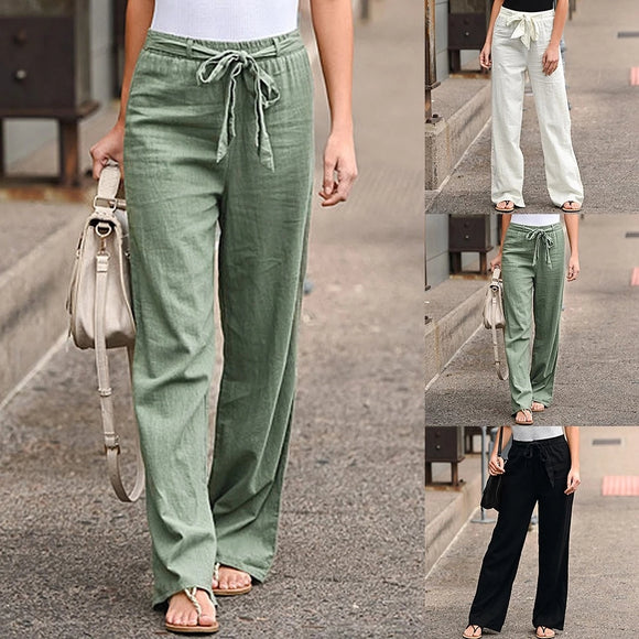New Linen Cotton Solid Elastic Waist Trousers
