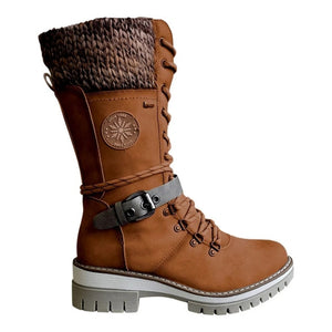 Women Winter Buckle Lace Knitted Mid-calf Boots