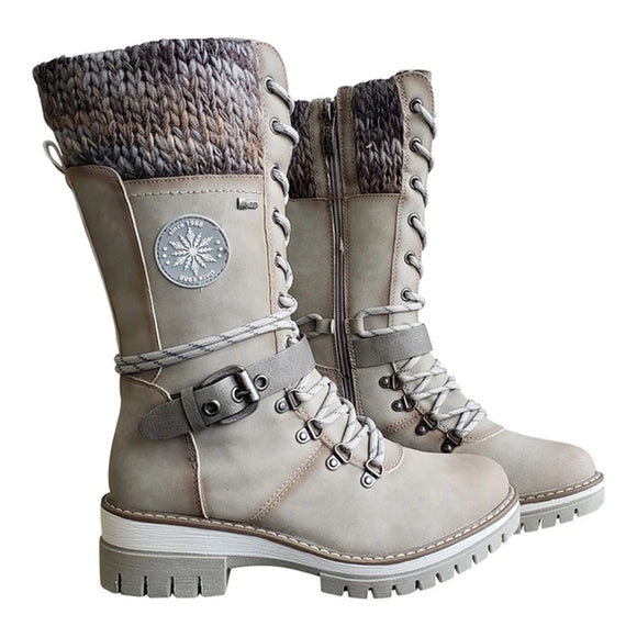 Winter Buckle Lace Knitted Mid-calf Boots