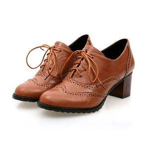 Women Pointed Toe Casual Thick Medium Heel Leather Shoes