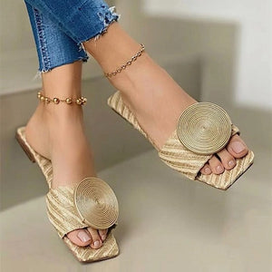 Plus Size Round Buckle Solid Flats Female Casual Slippers