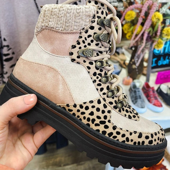 Retro Leopard Bottine Lace Up Platform Warm Women Shoes