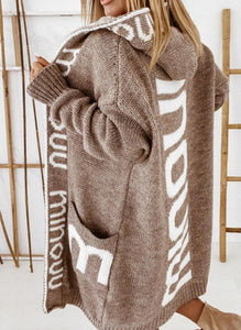 Mid-Length Cardigan Hooded Letter Knitted Sweater