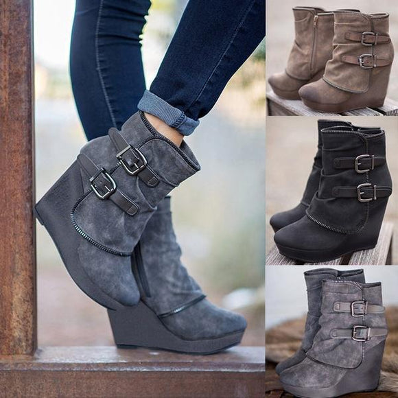 Women Sexy Double Buckle Casual Style Autumn Winter Zipper Boots