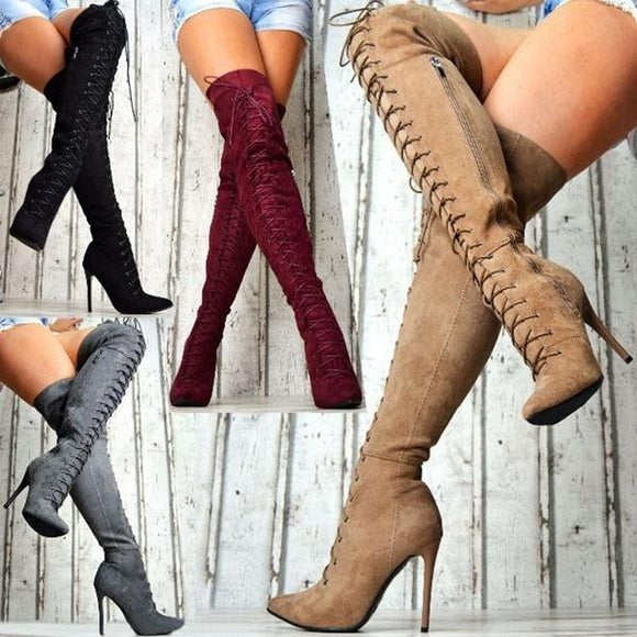 Boot - Winter Suede Bandage Pointed Knee High Boots