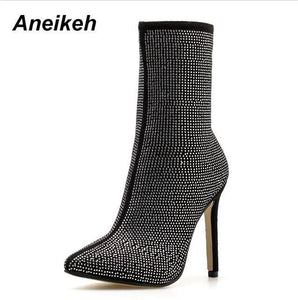 Women Shoes - Woman Zip Pointed Toe Sexy Crystal Motorcycle Boots