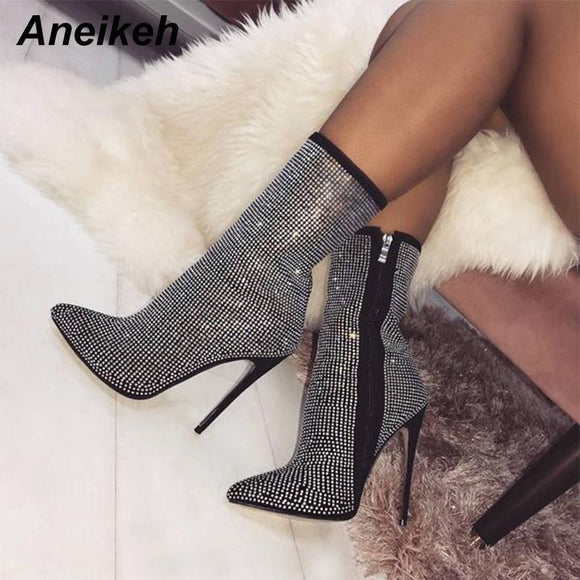 Women Shoes - Woman Zip Pointed Toe Sexy Crystal Motorcycle Boots