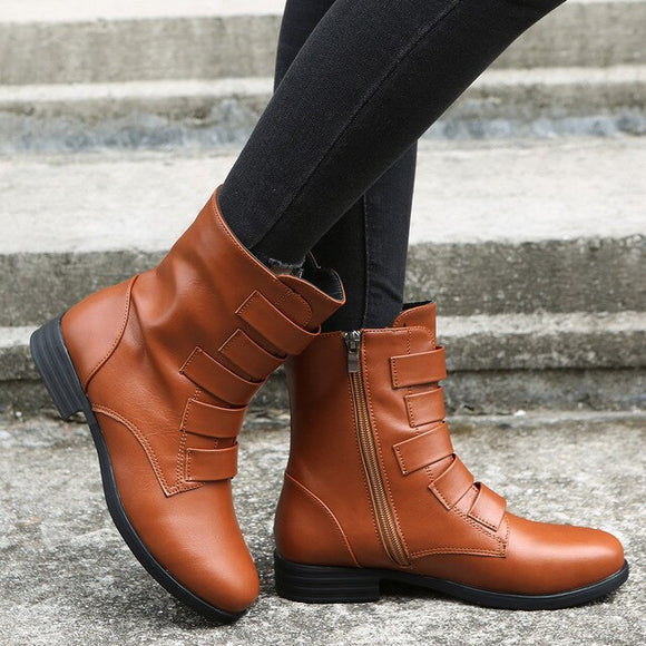 New Leather Round Toe Short Solid Bandage Square Heel Platform Shoes