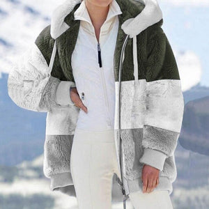 Women Casual Oversized Stitching Plaid Faux Fur Warm Parka Jacket