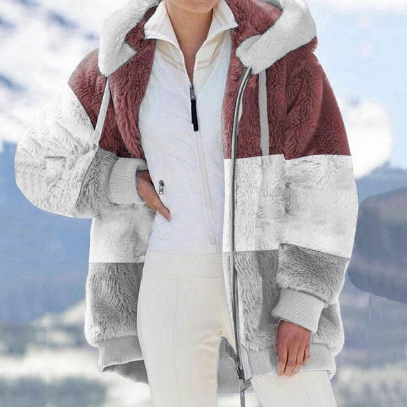 Women Casual Oversized Stitching Plaid Faux Fur Warm Parka Jacket