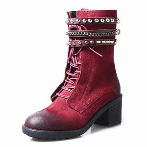 Boot - Retro Rivet Side Zipper Frosted Leather Lace up Boots