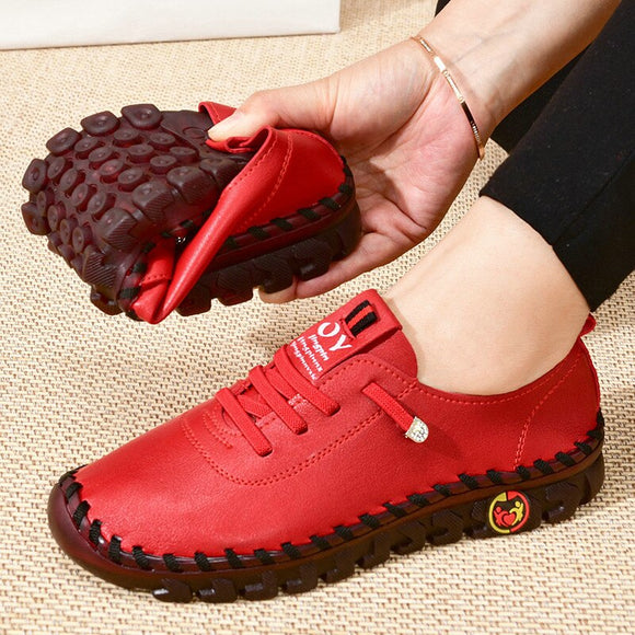 Lace Up Leather Flats Slip-On Elderly Women's Sneakers