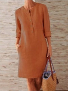 Spring Vintage Long Sleeve Button Pocket Solid Loose Dresses