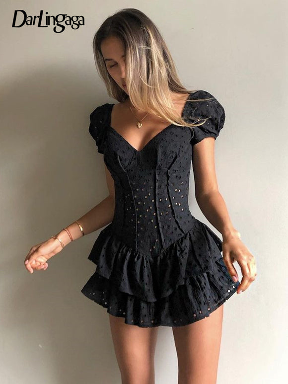Women Puff Sleeve Chic Black Summer Dress