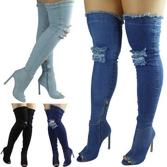 Women Shoes - New Sexy Heels Knee High Denim Boots