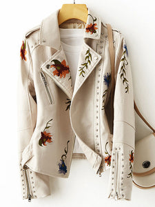 Women Retro Embroidery Faux Soft Leather Jacket