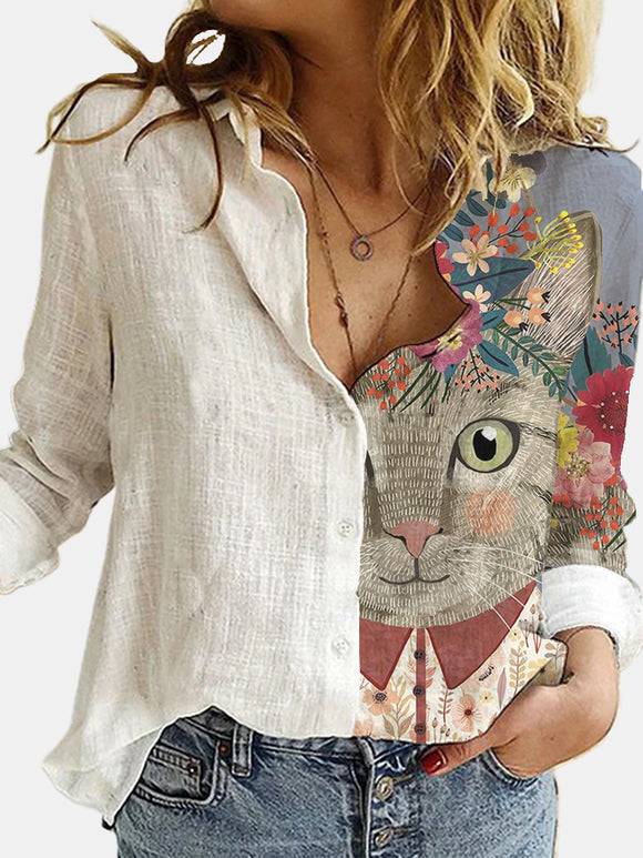 Fashion Loose Animal Cat Digital Print Women Shirt