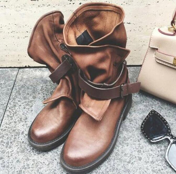 Shoes - Fashion Women's Buckle Leather Boots