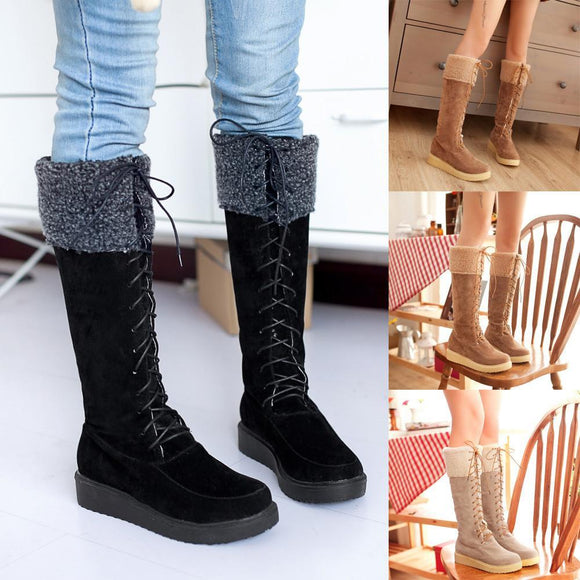 Women's Shoes - Fashion Women's Suede Round Toe Lace-Up Middle Tube Snow Boots