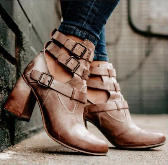 Women Shoes - Leather buckle strap vintage shoes