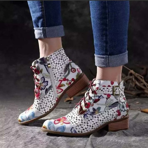 Women's Cow Leather Splicing Lace-Up Stitching Shoes