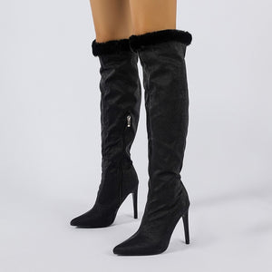 Faux Suede Fur High Heels Women Knee High Boots