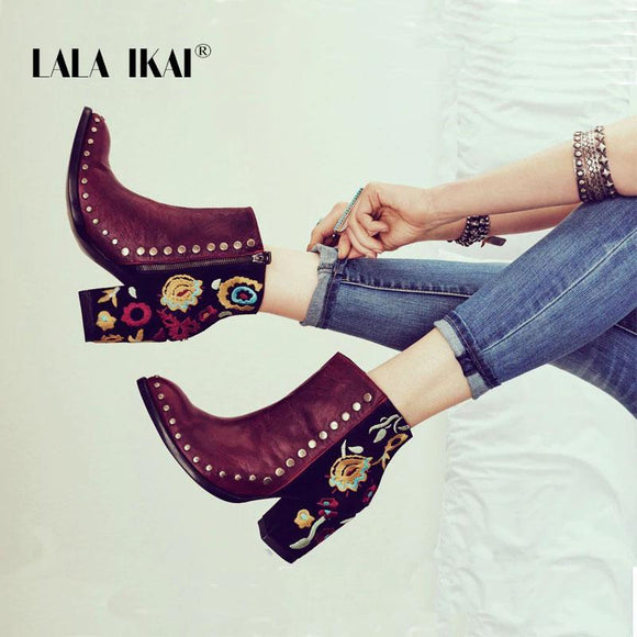 Women Shoes - Women Embroider High Ankle Shoes Boots