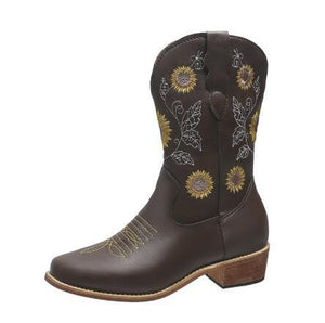 Round Toe Embroidered Flower Embroidery Short Boots