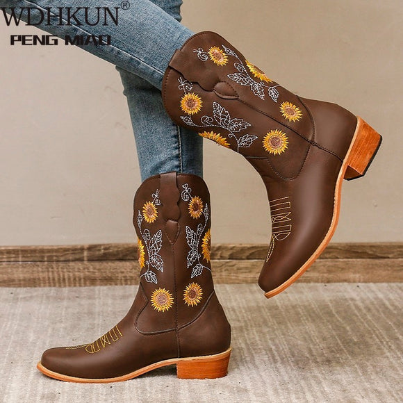 Round Toe Embroidered Flower Embroidery Short Boots