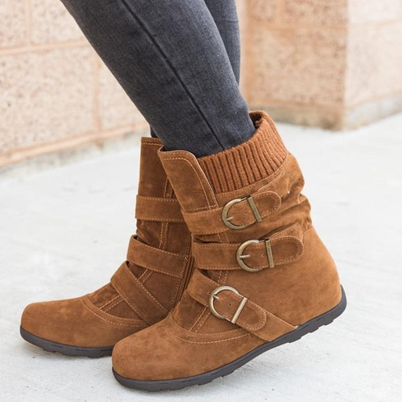 Women Shoes - Comfortable Buckle Strap Flat Boots