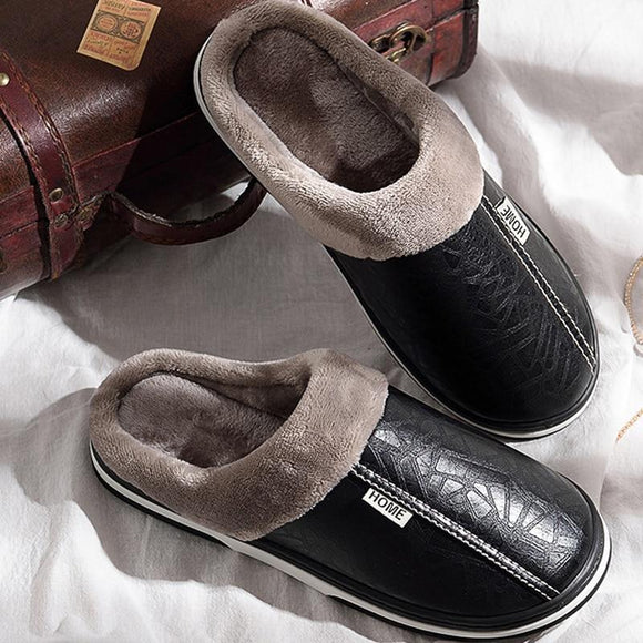 2019 Plus Size Men PU Leather Waterproof Warm Slippers