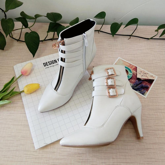 Women's Shoes - Fashion Pointed Toe Buckle High Heel Boots