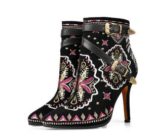Shoes - 2018 Women's Vintage Embroidered Genuine Leather Heels Boots