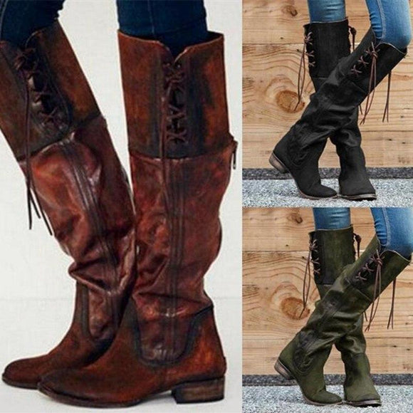 Women's Shoes - Fashion Gladiator Vintage Leather Knee-High Boots