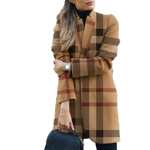 Winter Autumn Fashion Lapel Printed Slim Long Woolen Ladies Overcoat