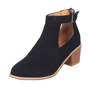 Women's Shoes - Fashion Round Toe Buckle Up Heel Boots