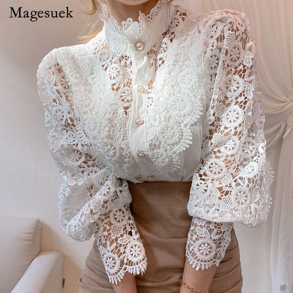 Hollow Out Flower Lace Patchwork Shirt