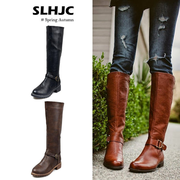 Side Zip Med Heel Retro Leather Riding Boots
