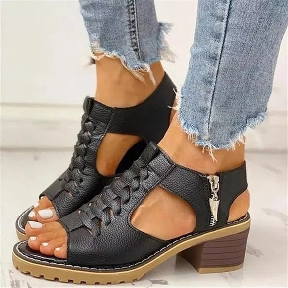 Fashion Peep Toe Side Zipper Ladies Comfortable Shoes