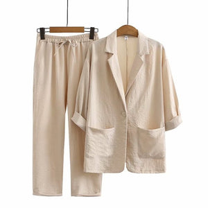 New Fashion Casual Cotton Linen Suit Top + Pants
