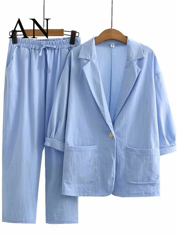 New Fashion Casual Cotton Linen Suit Top + Pants