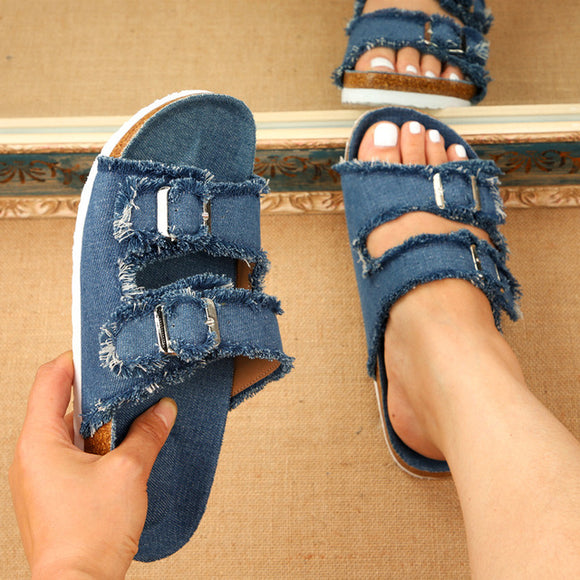 New Solid Color Canvas Buckle Belt Denim Flat Slippers