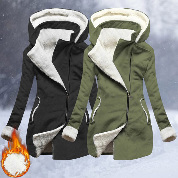 Women Solid Color Plush Thickening Hooded Jacket