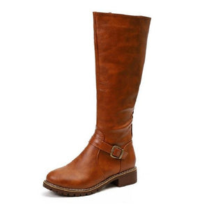 Winter Ladies Vintage Leather Buckle Zip Riding Boots