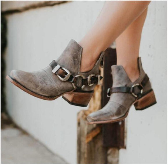 Women's Shoes - Fashion Women's Vintage Mid Heels Buckle Strap Ankle Boots