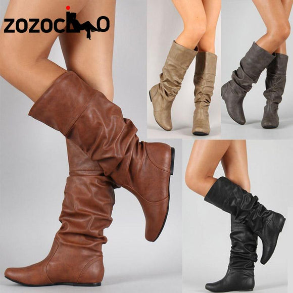 Women Fashion Pleated Wedge Long Boots