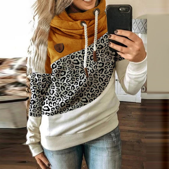 Women Leopard Patchwork Hooded Sweatshirt